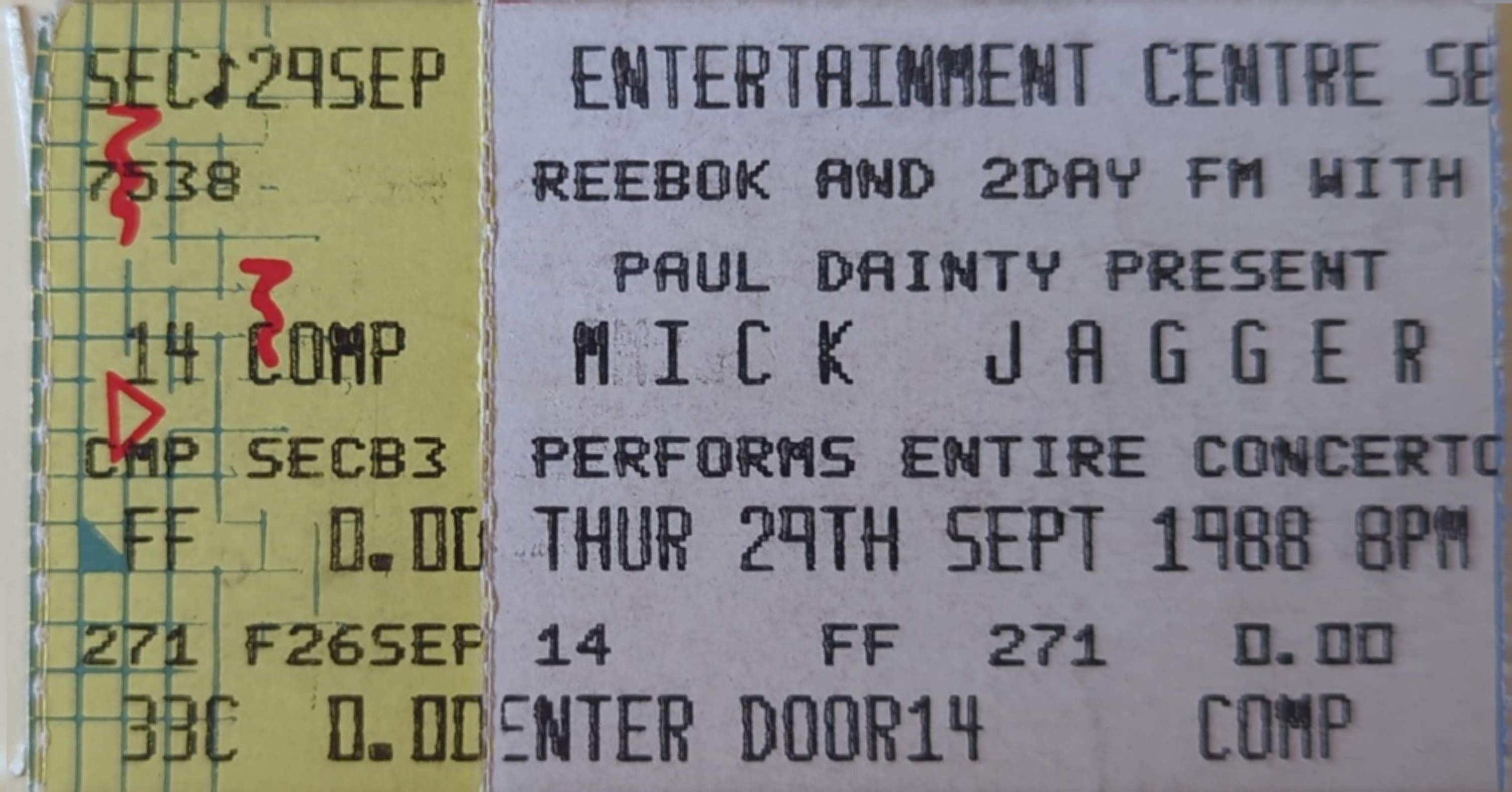 Mick Jagger - Primitive Cool Tour 1988 Original Vintage Concert Ticket Seat 33C
