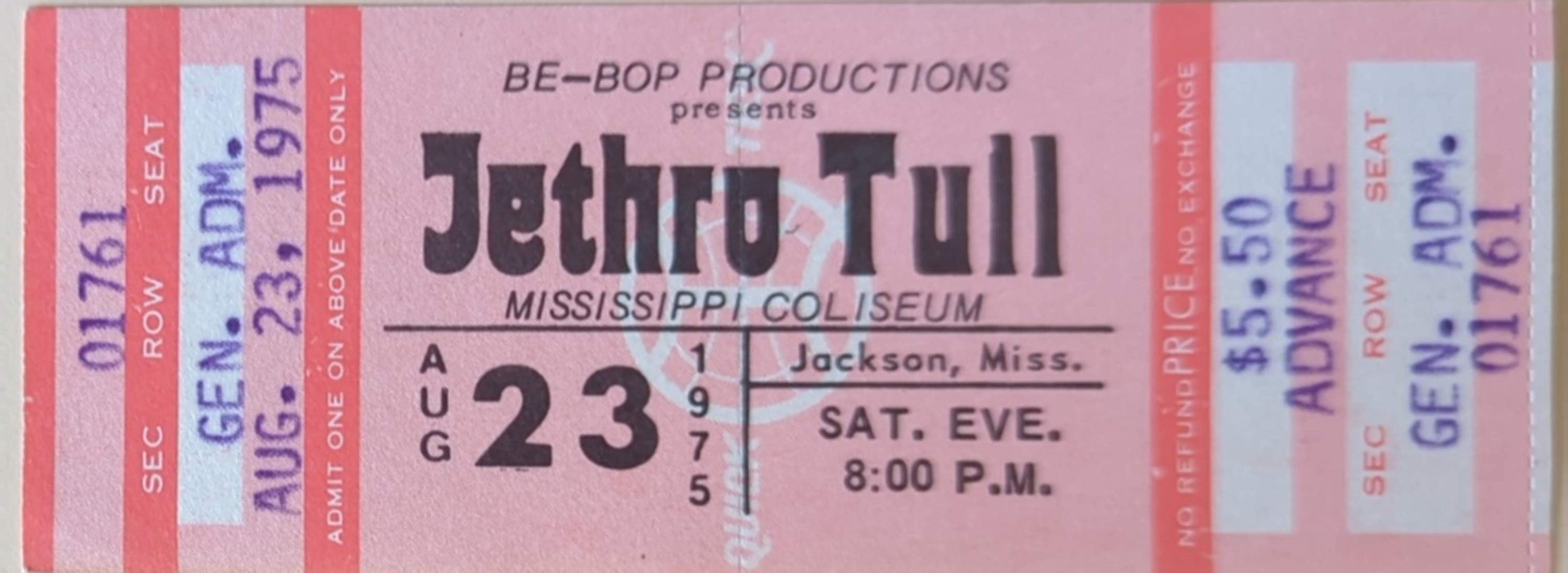 Jethro Tull - 1975 Original Vintage Concert Ticket GA 01761