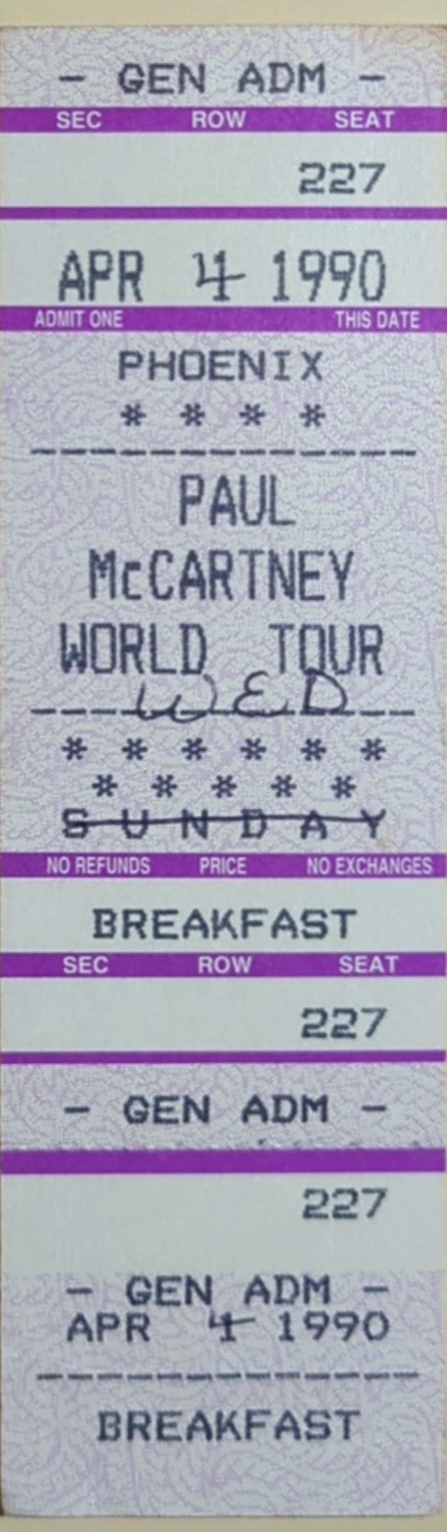 Paul McCartney - World Tour 1990 Original Vintage Concert Ticket Seat 227
