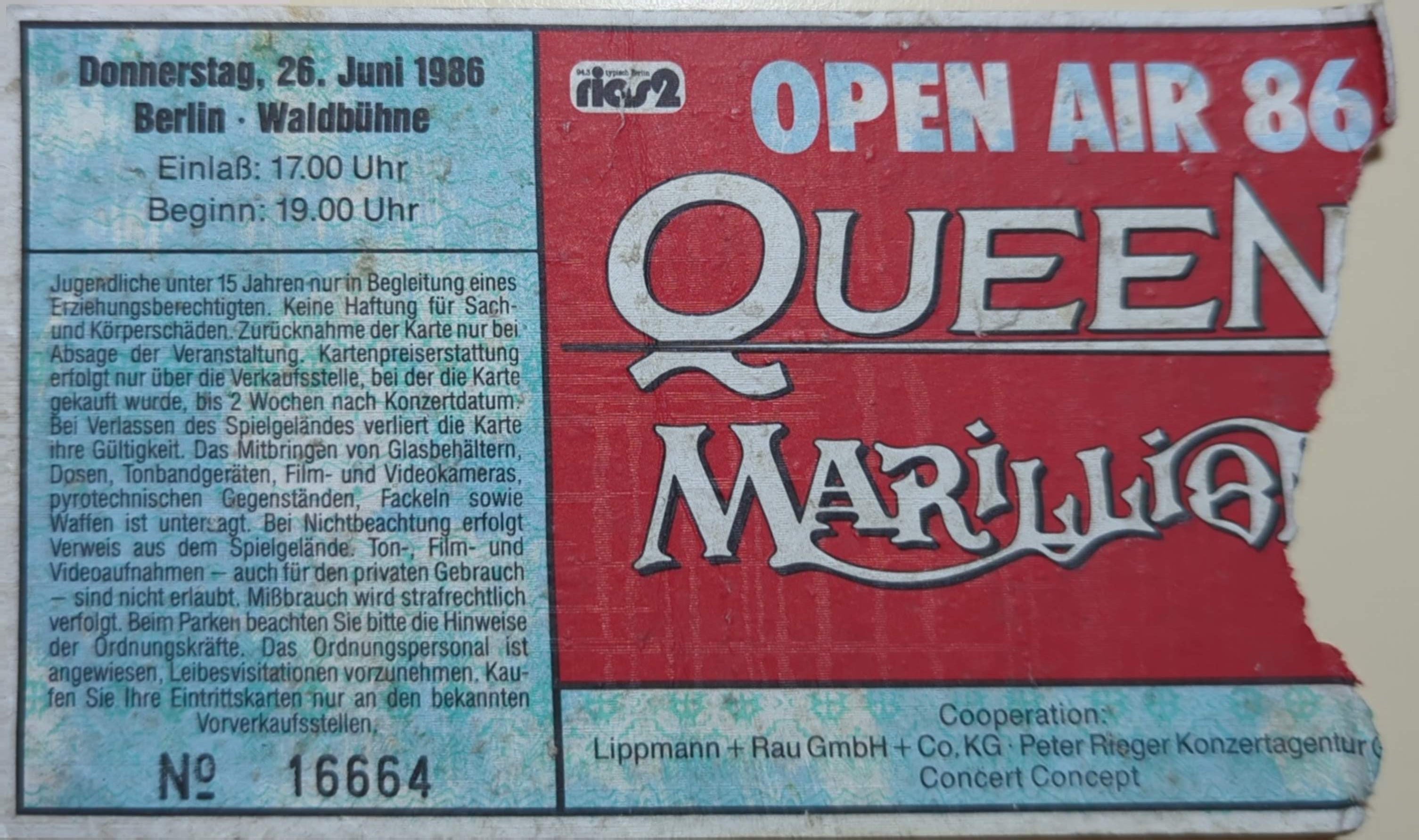 Queen - Open Air 1986 Original Vintage Concert Ticket GA 16664