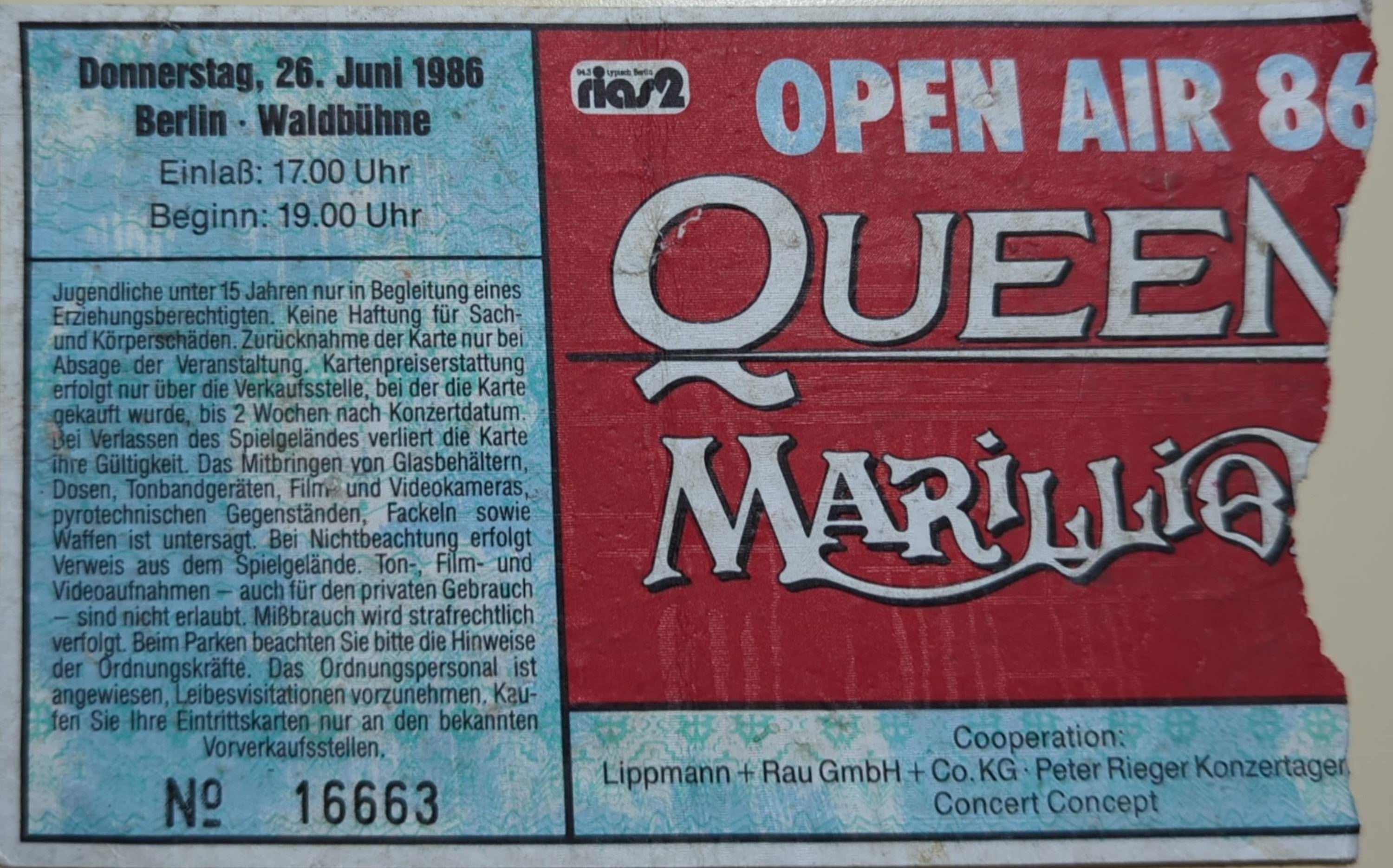 Queen - Open Air 1986 Original Vintage Concert Ticket GA 16663