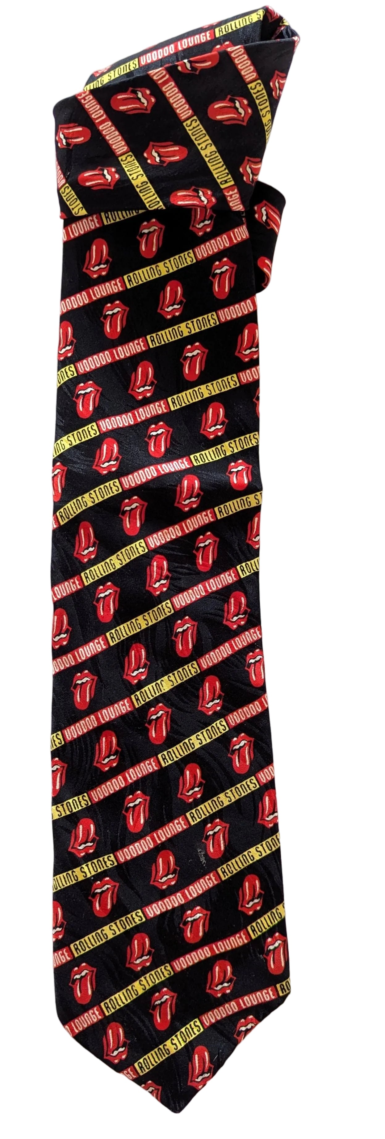 A black necktie featuring a repeating pattern of the Rolling Stones logo and diagonal red, yellow, and green stripes.