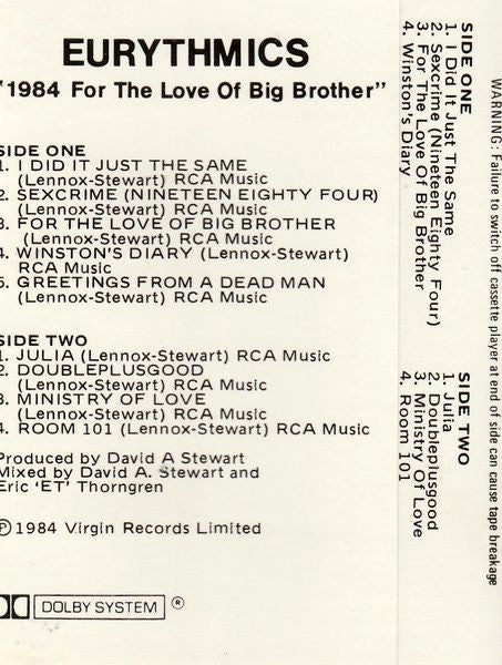 Eurythmics – 1984 (For The Love Of Big Brother) Cassette Tape