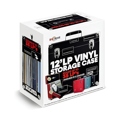 A boxed vinyl record storage case product shown on a clean white background. The packaging is predominantly white with large black and white text reading '12'LP VINYL STORAGE CASE' and smaller red callouts.