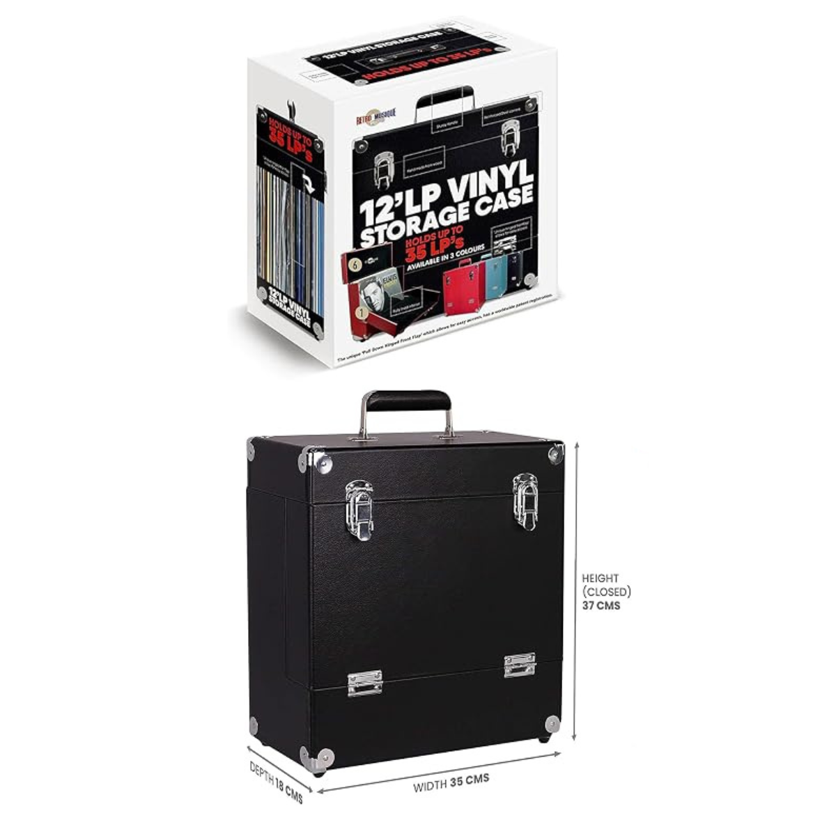A 12 LP vinyl storage case shown in two views on a white background: the retail box at the top and the closed black case at the bottom with printed dimensions labeled height and width.