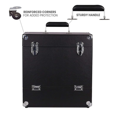 A black hard case with reinforced corners, a top handle, and metal latches, shown on a white background with callout graphics highlighting the handle and corner protection.