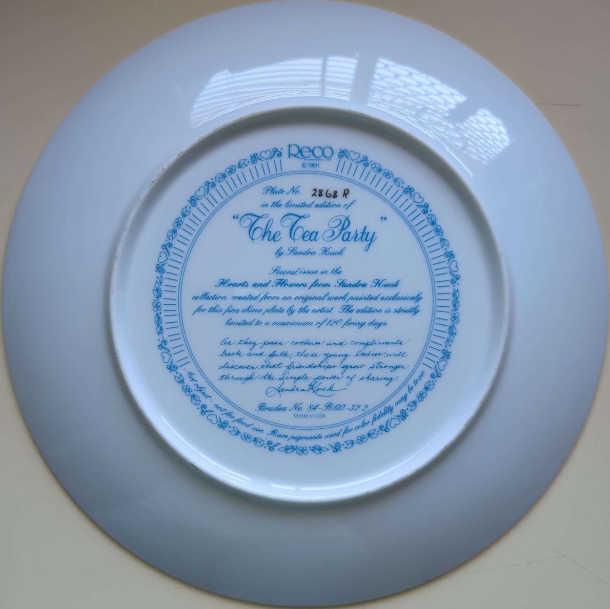 Sandra Kuck - Vintage 1991 Reco Hearts & Flowers Tea Party Plate #2868R + COA (No Box)