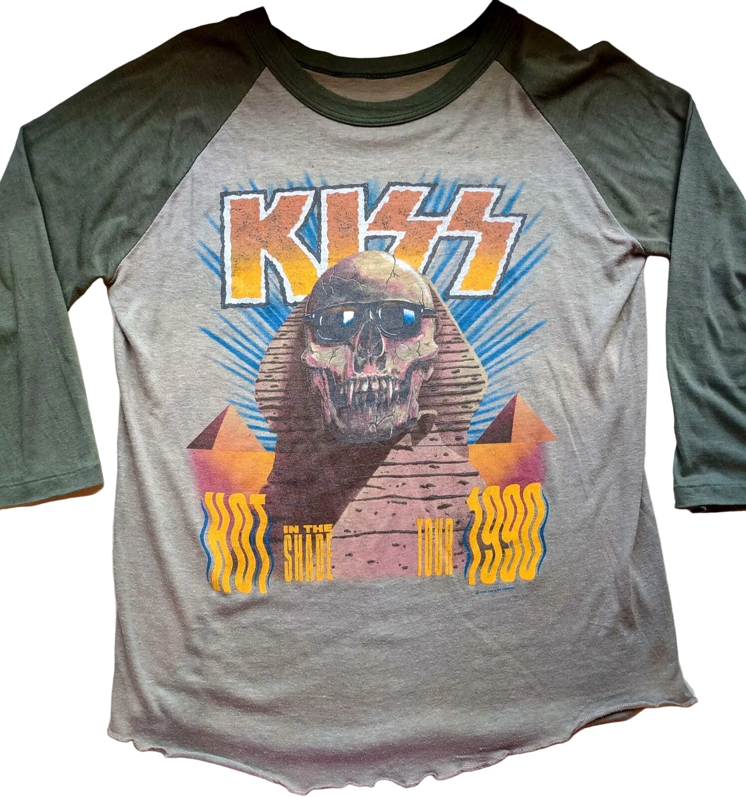 Kiss - Hot In The Shade World Tour 1990 US Original Vintage Concert Baseball T-Shirt Khaki Size L
