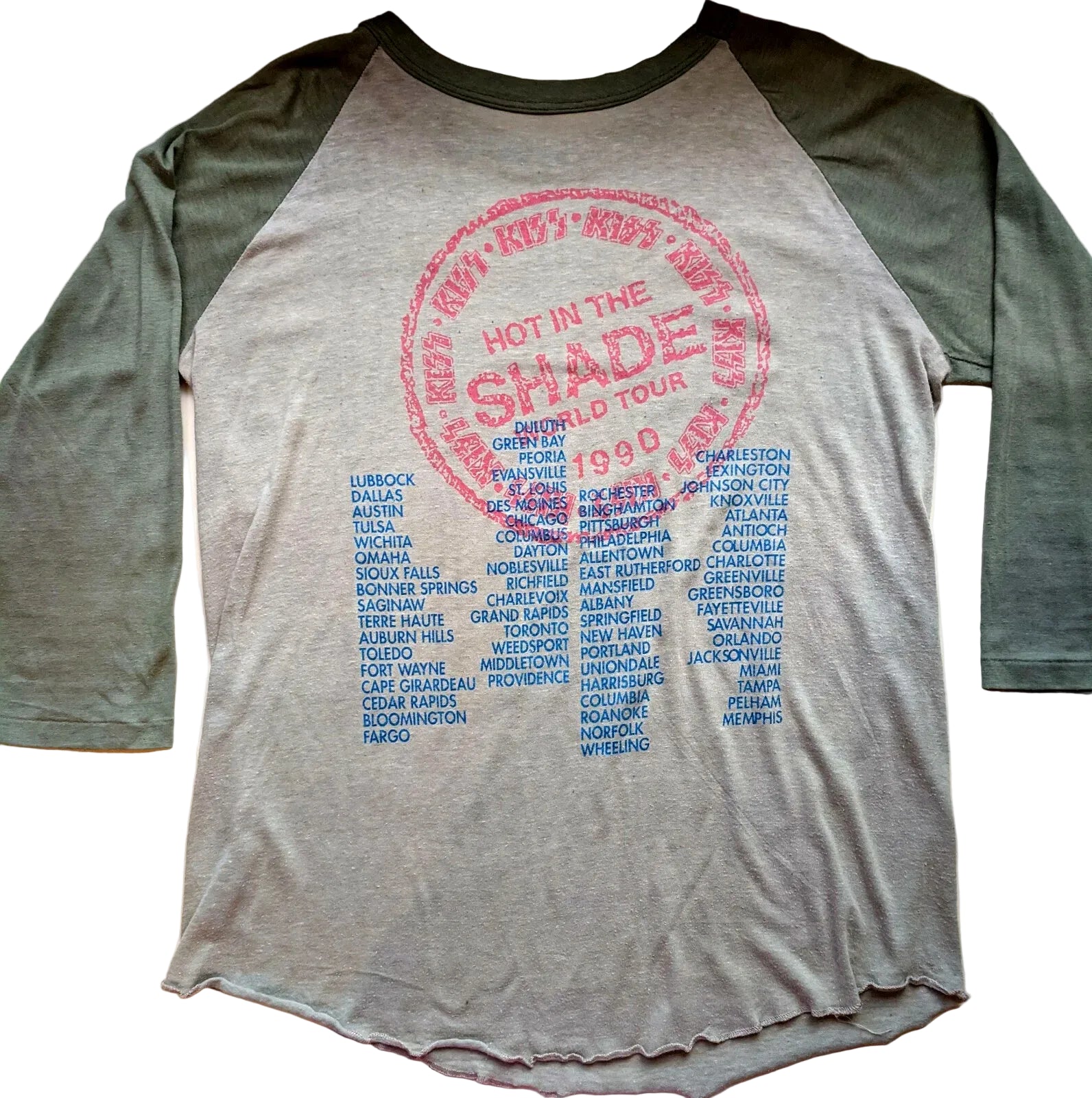 Kiss - Hot In The Shade World Tour 1990 US Original Vintage Concert Baseball T-Shirt Khaki Size L