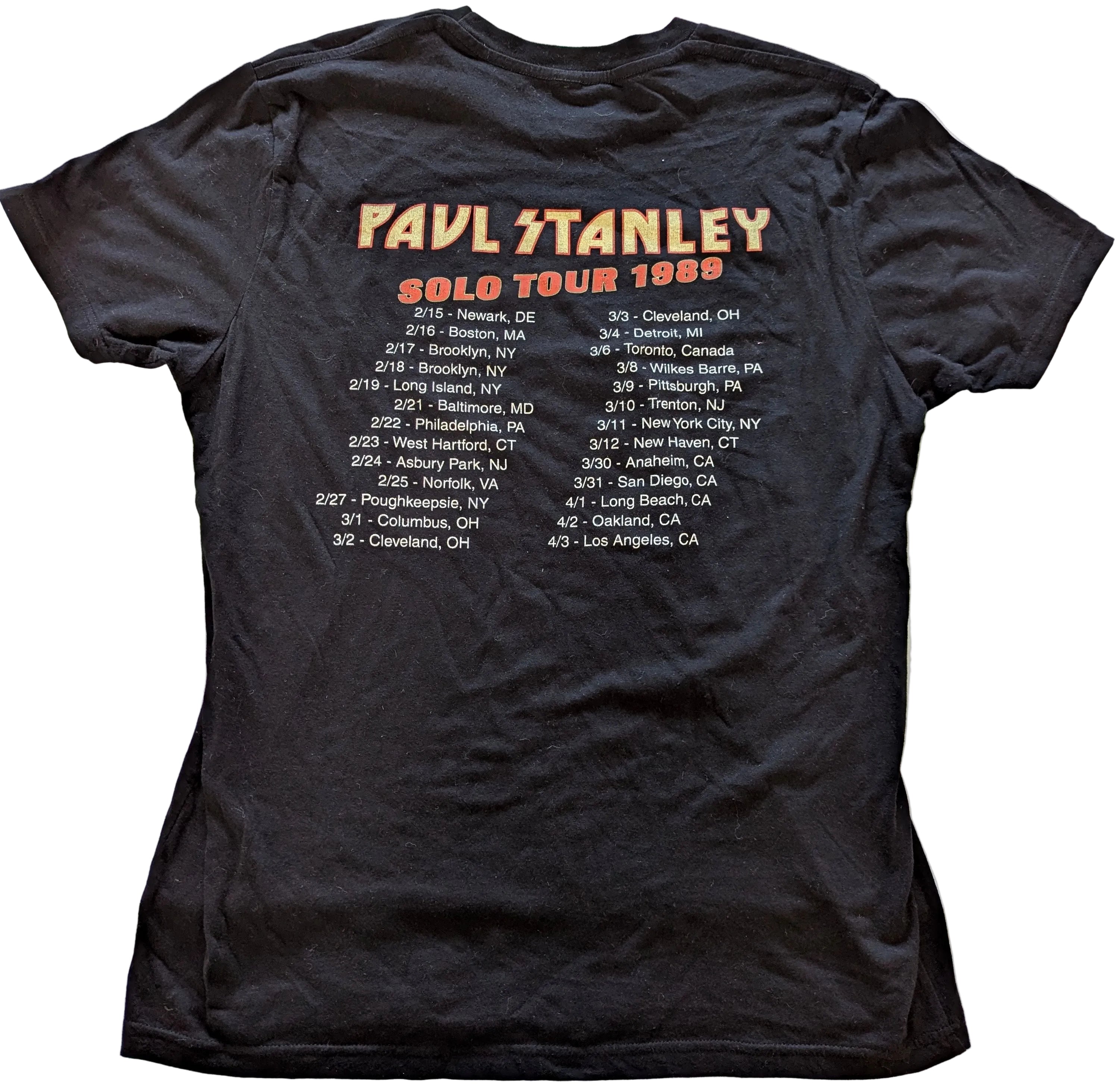 Black t-shirt with 'Paul Stanley Solo Tour 1989' text on a white background