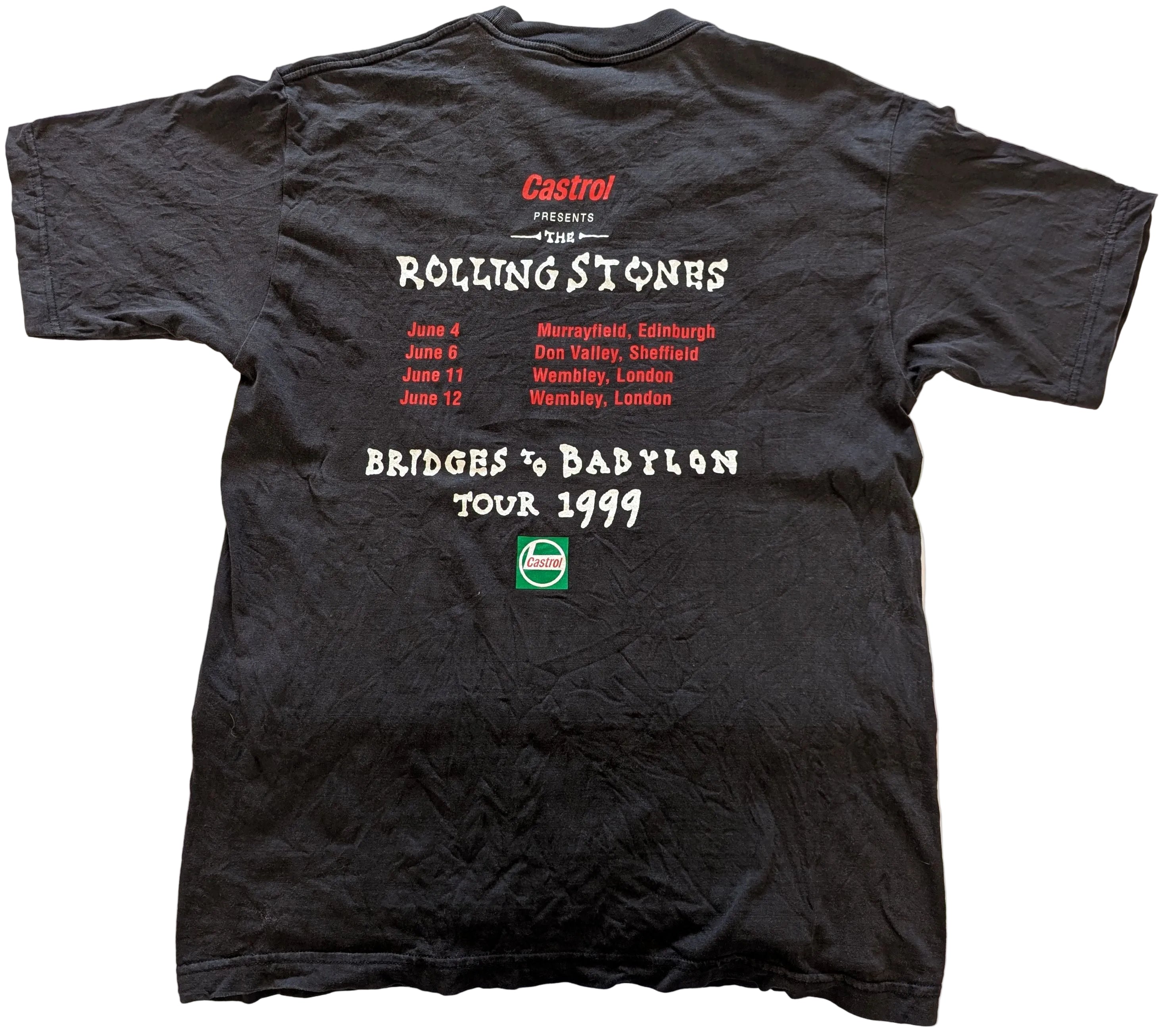 Black t-shirt with Rolling Stones tour information on a light background