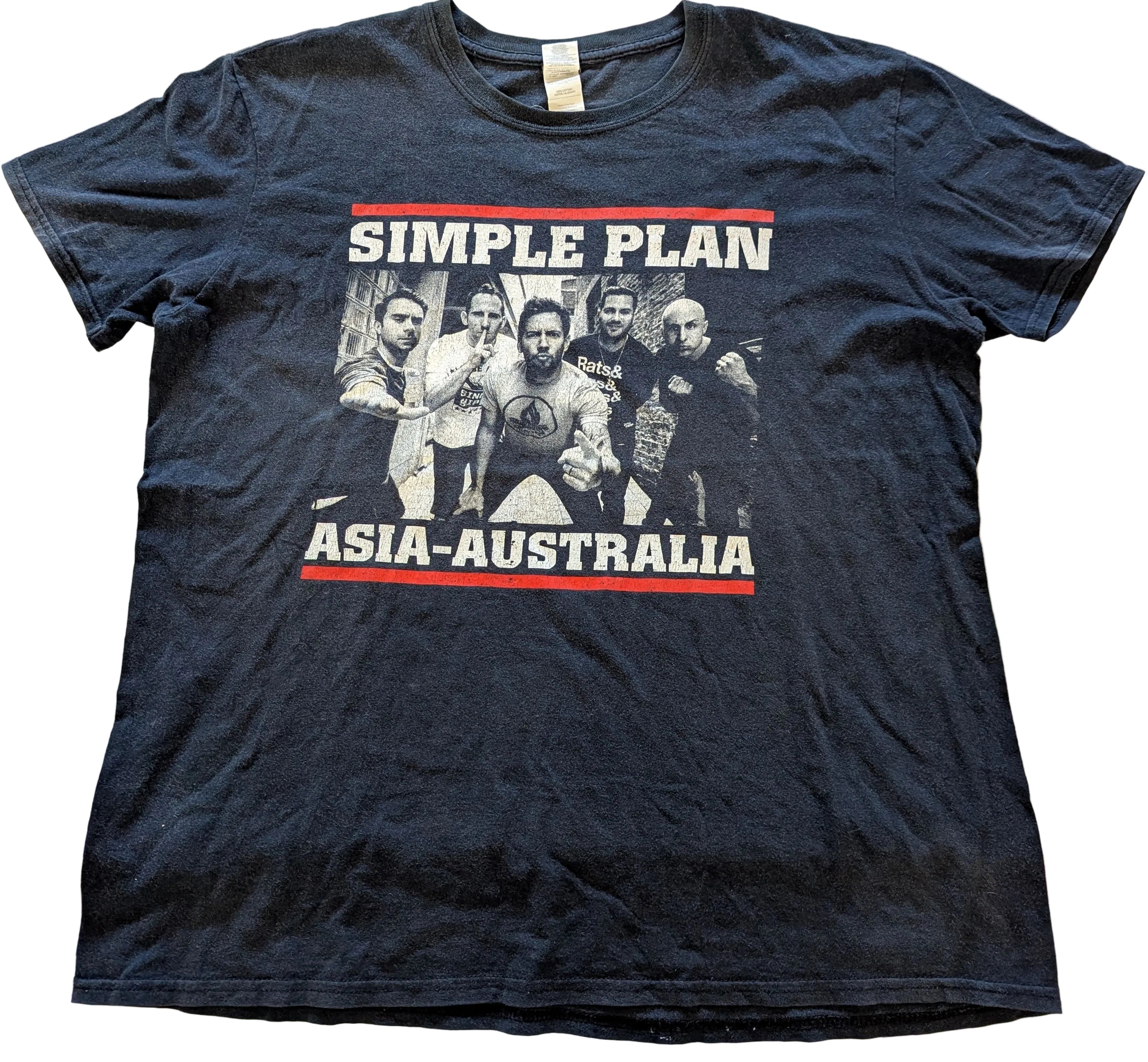 Black t-shirt with 'Simple Plan' graphic and text on a white background