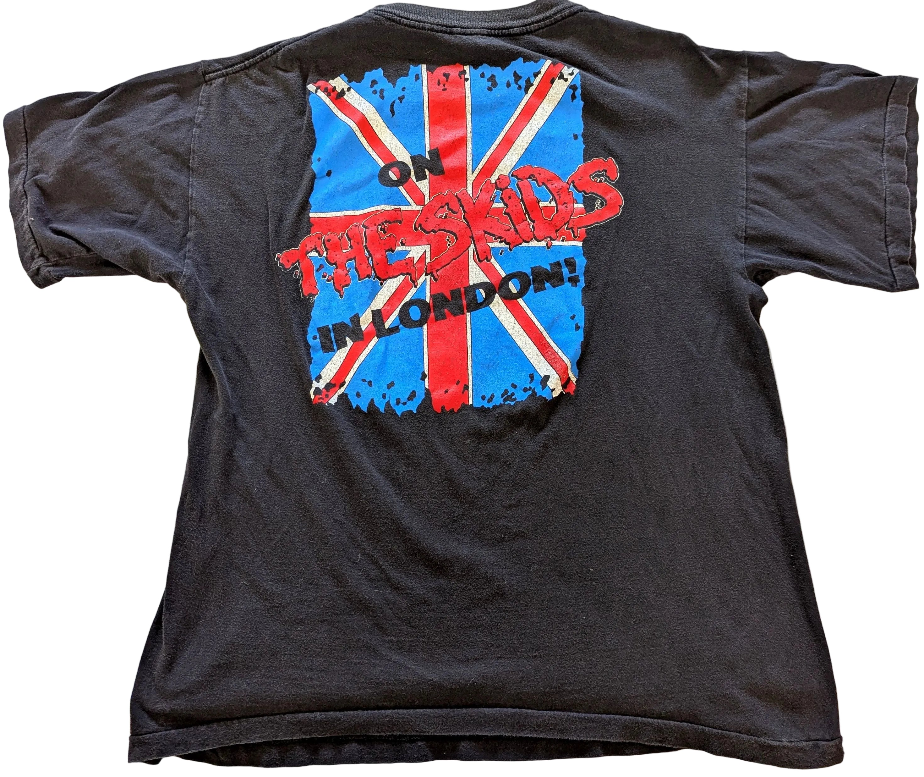 Black t-shirt with Union Jack design and text on a white background